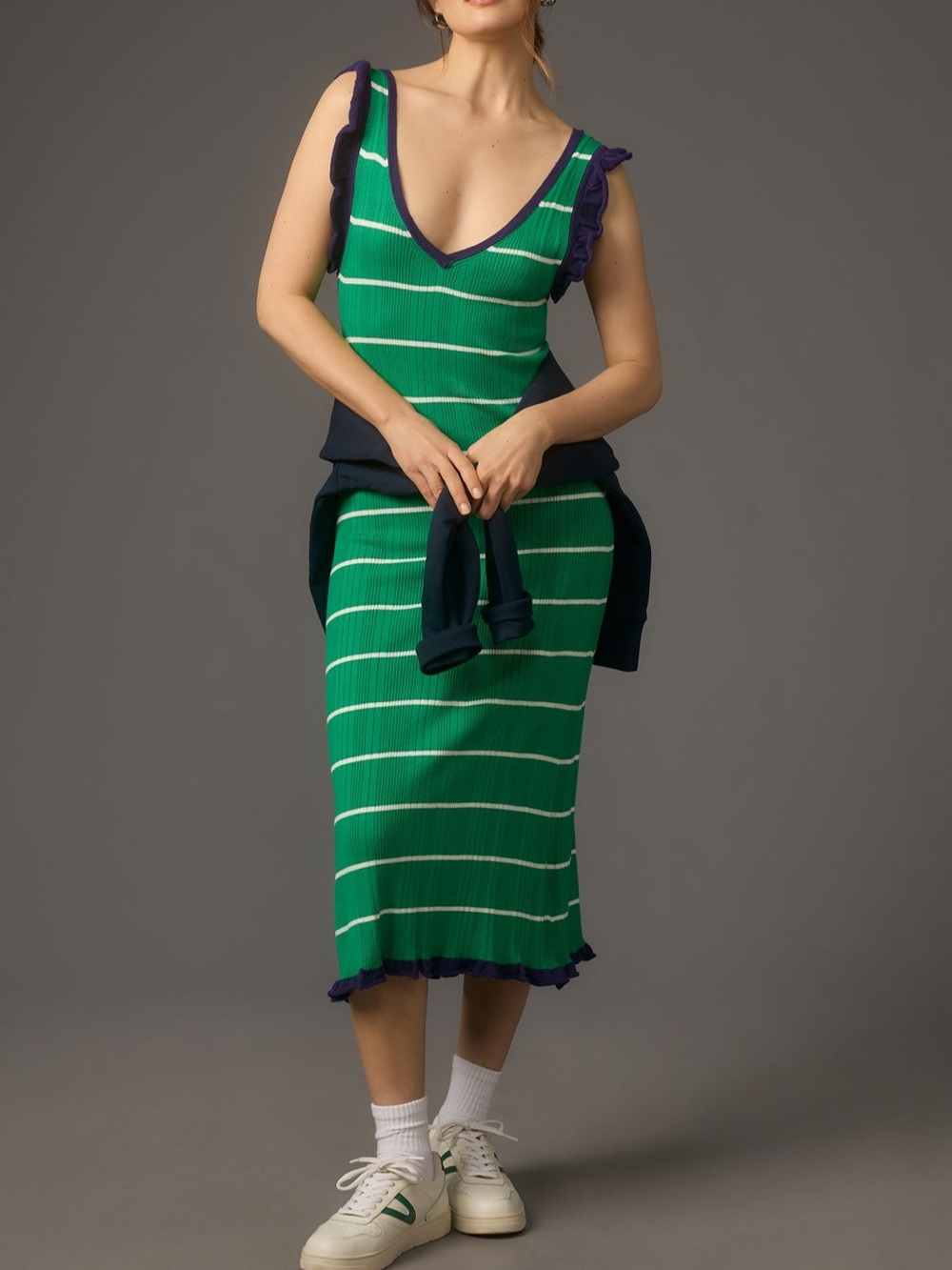 Anthropologie Green Striped Midi Dress with Navy Trim